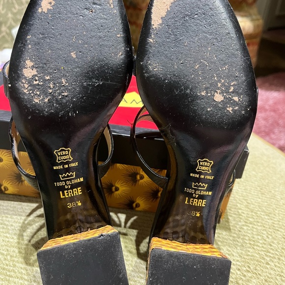VINTAGE! Todd Oldham/Lerre Black leather sandals w/ Multi color woven heel 8 1/2 - Picture 7 of 7